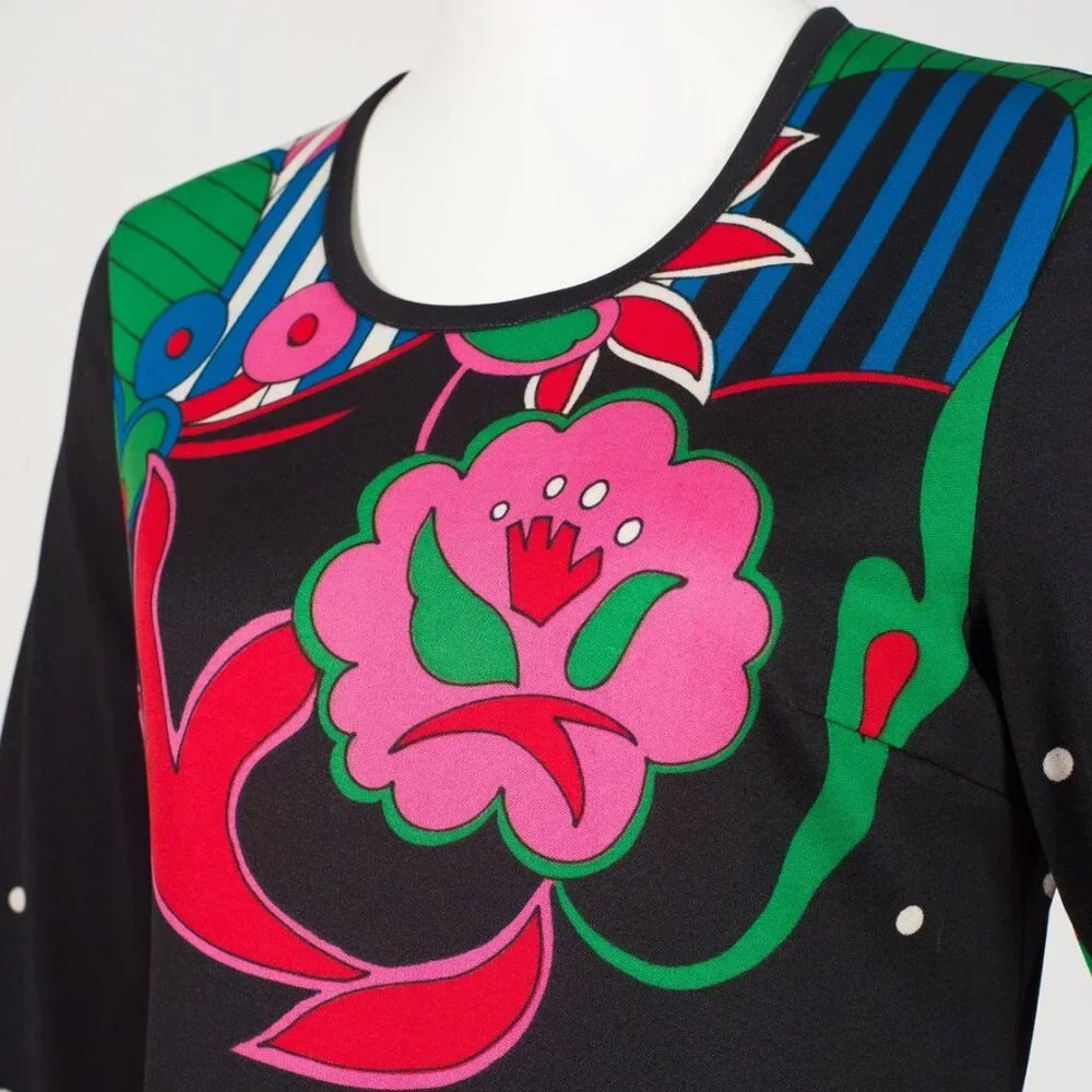 Via Appia 1970s Vintage Italian Pop Art Print Black Jersey Maxi Dress - Picture 3 of 8